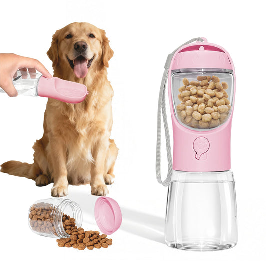 Portable Dog Water Bottle with Food Container, BPA Free Travel Water Bottle for Dogs, 2-in-1 Dispenser Drinking Feeder for Pets Walking, Hiking, Travel, Puppy Essentials, Pink, 12oz