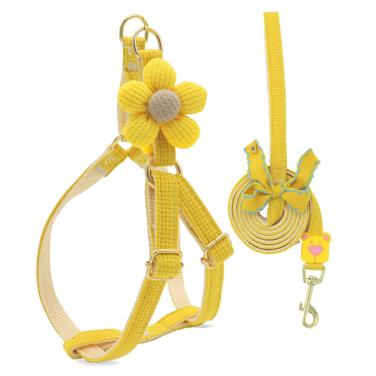 PETCARE Cute Flower Dog Harness and Bowtie Leash Set Easy Walk Puppy Dog Halter Harness for Small Dogs Girl Step in Dogs Harnesses with Buckle (Yellow, Chest Adjustable 13"-20", Rope Width 0.79")