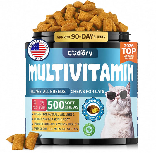 Taurine for Cats Vitamins Treats Snacks – Cat Multivitamin 500 Crunchy & Creamy Chews – Supports Immune, Joints, Digestion, Skin & Coat – Daily Healthy Supplement for Cats of All Ages (90-Day Supply)