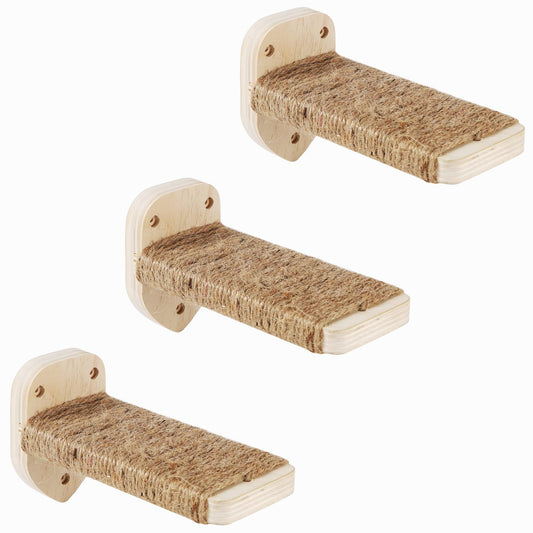 3-in-1 Cat Climbing Wall Steps with Hemp Rope, Shelves and Perches, Scratching Pads for Cats Playing and Climbing (Wood)