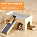 Detachable 2-Story Wooden Guinea Pig Castle with Ramp & Fleece Mat, Small Animal Hideout House for Guinea Pigs, Hamsters