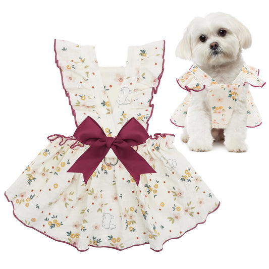 CuteBone Cotton Dog Dress Flowers with Leash Ring & Sleeve Ruffles, Soft & Breathable, Stylish Pet Clothes Outfit for Small Dogs, Comfortable & Easy to Wear CFX03M