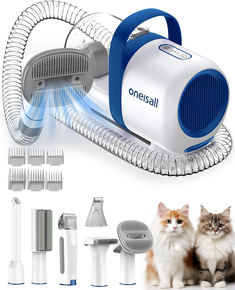 oneisall Cat Grooming Vacuum, Quiet Pet Vacuum Grooming Kit with Brush & Clippers for Hair Shedding Trimming, 6 in 1 Cat Vacuum Groomer for Pet Hair Grooming, White