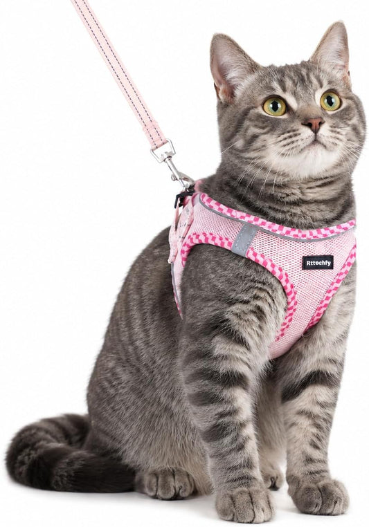 Rttochfy Cat Harness and Leash Set, Escape Proof Kitten Harness, Soft and Breathable Vest with Reflective Strip, Easy to Wear for Cats Walking and Traveling (Pink, S)