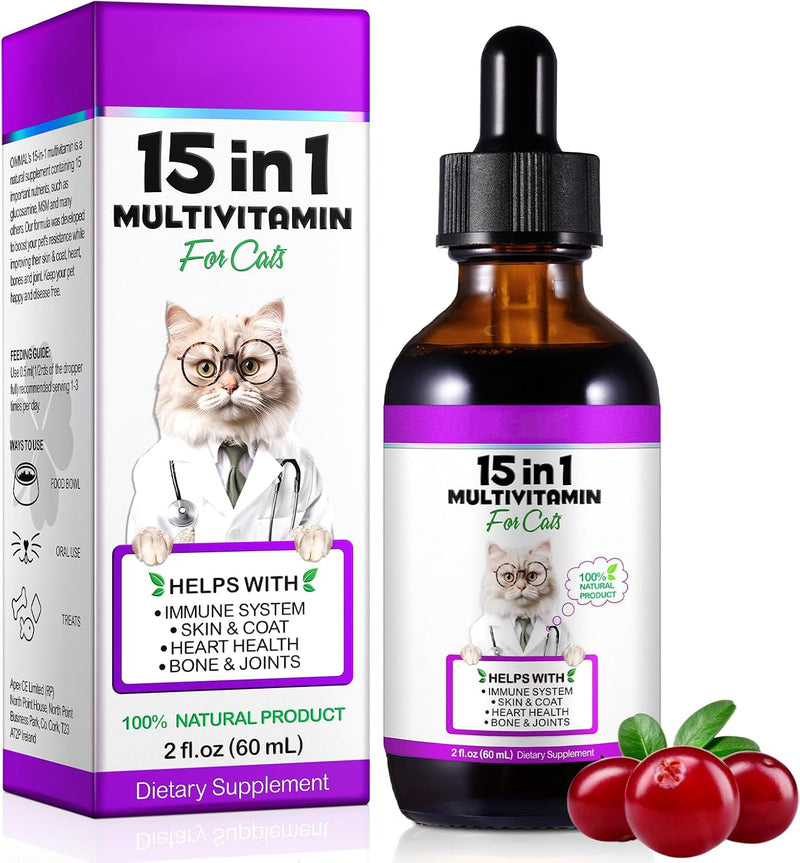 Cat Vitamins,15 in 1 Cat Multivitamin Liquid Drops Supplements for Heart Health, Bones, Joint, Skin & Coat, Digestion, I