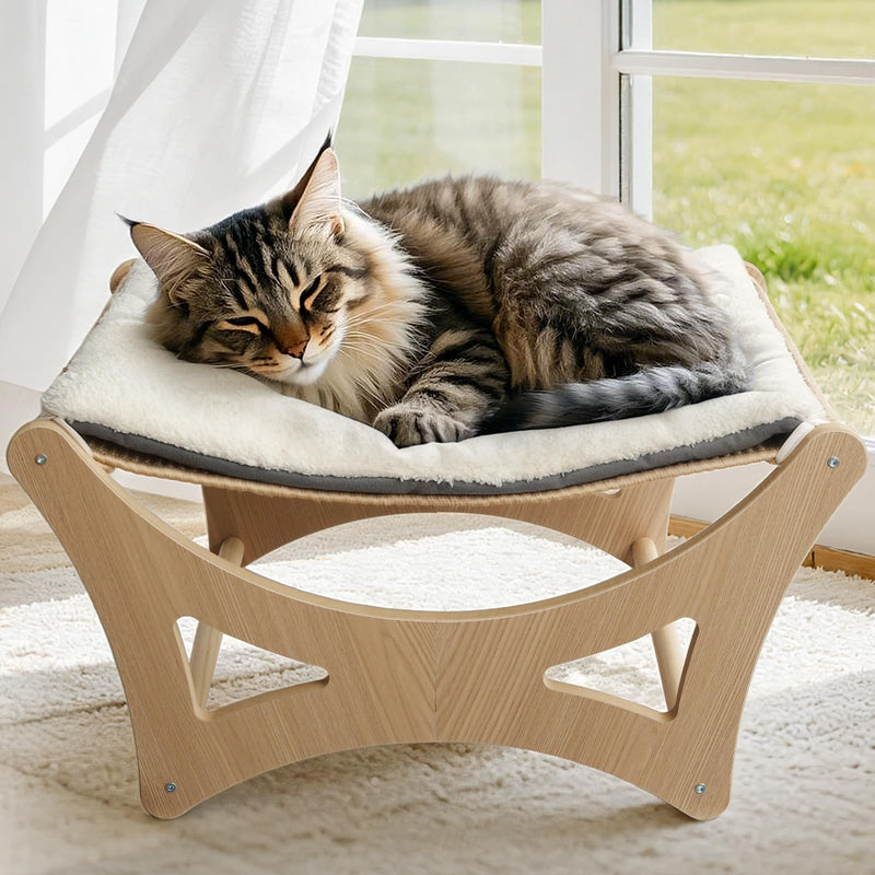 GreenPetopia Cat Hammock Bed, Wooden Elevated Cat Beds with Natural Sisal Scratching Mat, Cats Scratcher Bed with Removable Soft Cushion, Cats Scratching Beds with Wood Frames, 22