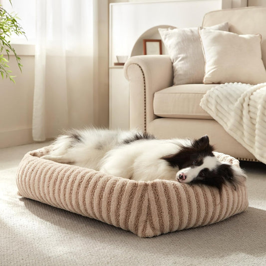 MIXJOY Dog Bed Medium Size Dog, Washable Medium Dogs Bed with Removable Cover, Soft Rectangle Doggy Ded Fluffy Plush Faux Fur Pet Bed with Anti-Slip Bottom, 30"x24"x8", Beige