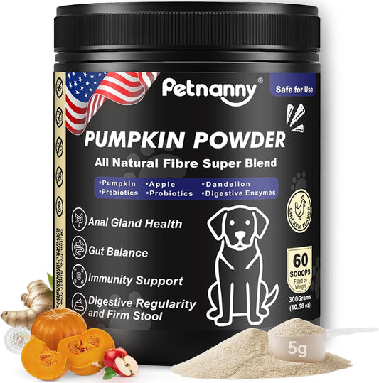 Petnanny Pumpkin Powder for Cats & Dogs, Anal Gland Health Fiber Supplement Stop Scooting with Inulin, Probiotics & Enzy