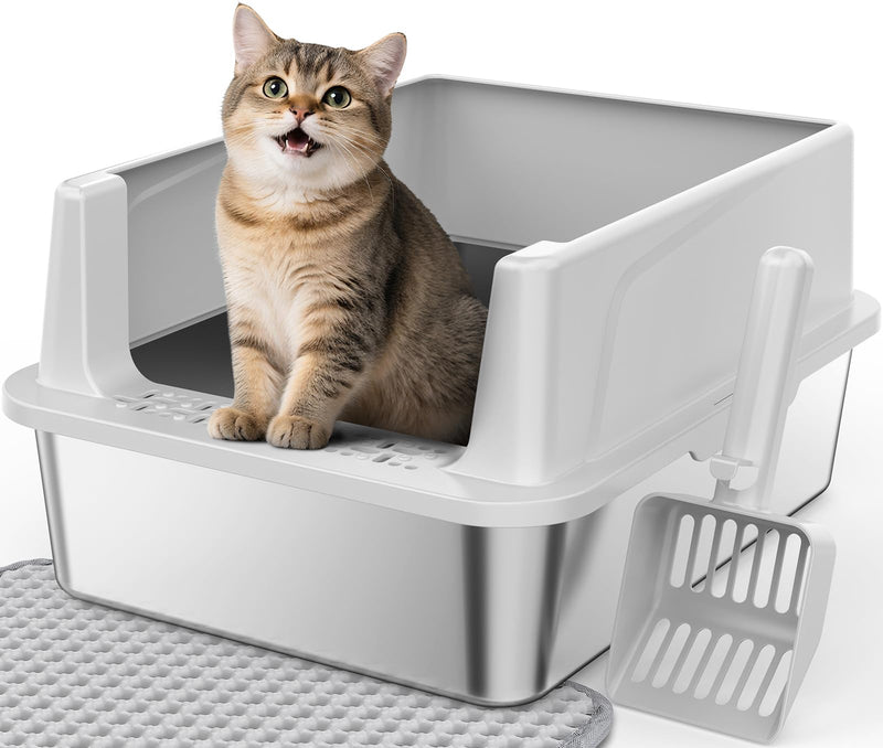 FURTIME Stainless Steel Cat Litter Box with Lid, Metal Kitty Litter Box for Small Cats, Kitten Litter Boxs with Scoop and Mat, Non-Sticky, Anti-Leakage, Easy to Clean, 17