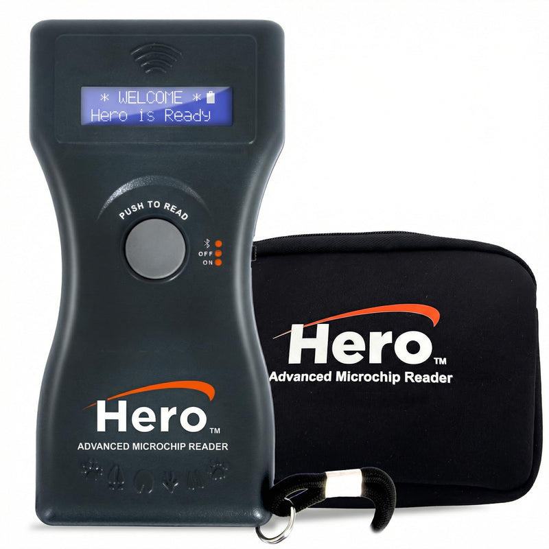 Hero Universal Microchip Scanner, Reads ISO & Non-ISO Pet Microchips, Bluetooth® Enabled with 15-Minute Display Hold, Backlit LCD Screen, Protective Case & FCC Certified, Each