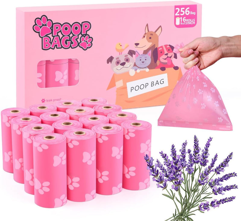 Poop Bags Rolls 256 Count - 9x13 Inches Pink Thickened Leakproof Lavender scent Poo Bags for Dogs, Pet Waste Bags for Wa