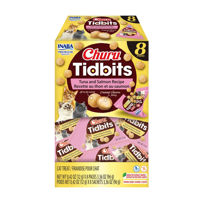 INABA Churu Tidbits for Cats, Soft & Chewy Churu Filled, Baked Chicken Cat Treats with Taurine & Green Tea Extract, 0.42oz per Pack, 8 Packs Total, Tuna & Salmon Recipe