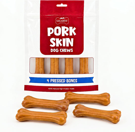 Best Pet Supplies GigaBite Pork Skin Dog Chews - 6" Bone Shape, 4 Count