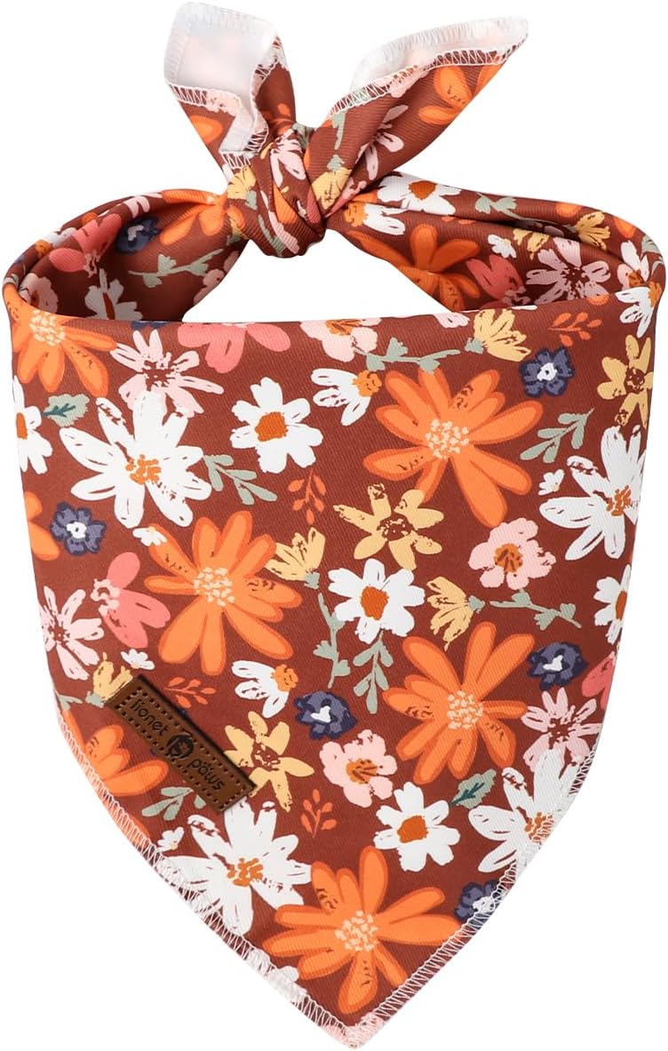 Lionet Paws Fall Dog Bandana Washable Cotton Borwn Handkerchief Scarf Triangle Floral Oxalis Bandana for Medium Large Do