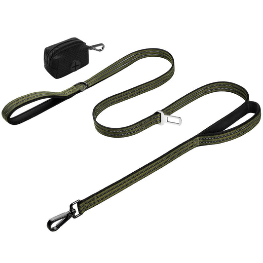 WINGOIN Dog Leash for Large Medium Dogs, Heavy Duty Dog Leashes with Double Handle, Poop Bag Holder, Metal Clip, Car Seat Belt Buckle, Reflective Tactical Pet Lead for Walking, Training (Green, 6FT)