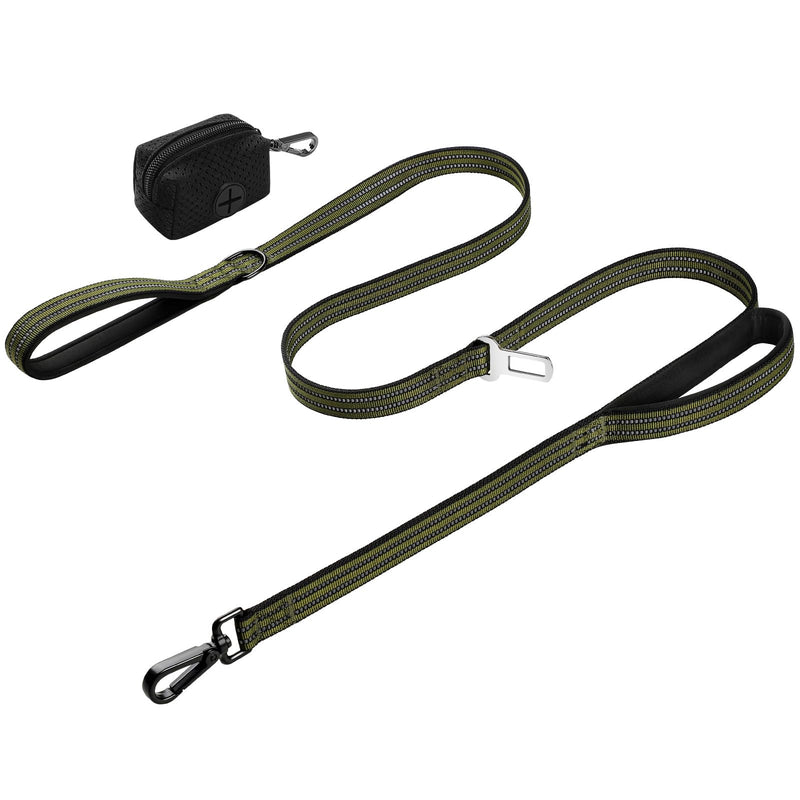 WINGOIN Dog Leash for Large Medium Dogs, Heavy Duty Dog Leashes with Double Handle, Poop Bag Holder, Metal Clip, Car Seat Belt Buckle, Reflective Tactical Pet Lead for Walking, Training (Green, 6FT)