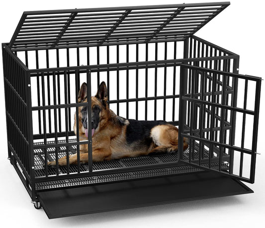LEMBERI 48 Inch Heavy Duty Indestructible Dog Crate, 500lbs Capacity Escape Proof Double Door Kennel with Lockable Wheels, 36" Tall XL Dog Cage with Reinforced Steel Tubes, Removable Tray, Black
