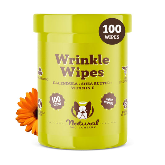 Natural Dog Company Wrinkle Wipes for Dogs, 100 Count, Hypoallergenic, Cleaning & Deodorizing, for Grooming Faces, Paws & Butts