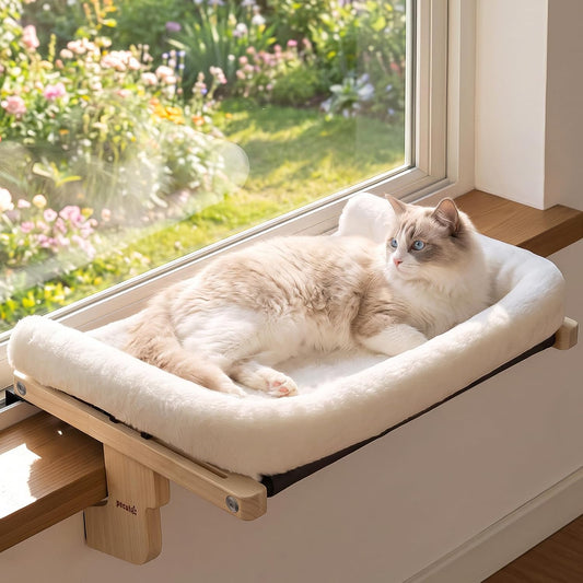 Pecute Cat Windowsill Perch, Cloud-Soft Cat Bed with Wood Frame, 18.9" L