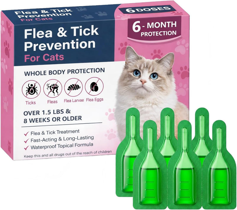 Cat Dewormer Topical Flea & Tick for Cats & Kittens, Monthly for Cats Over 1.5 lbs & 8 Weeks or Older, 6 Doses Supply Fa
