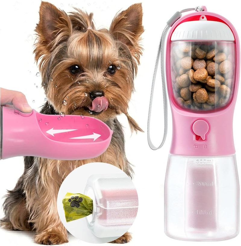Portable Water Bottle for Small Dogs, 3 in 1 Pet Travel Bowl Dispenser with Food Treat Container & Poop Bag Holder, Summ