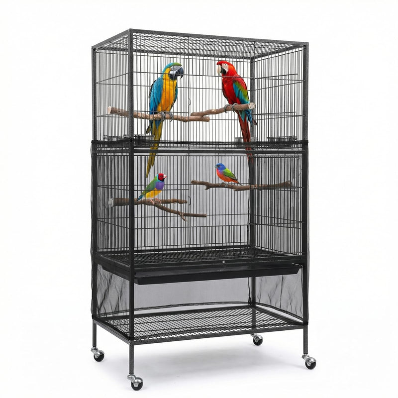Falzqq Large Bird Cage Cover Bird Cage Seed Catcher 118 x 31 Inches Adjustable Elastic Band Mesh Birdcage Cover Net Skirt for Parrot Parakeet Macaw African Cages (Black)