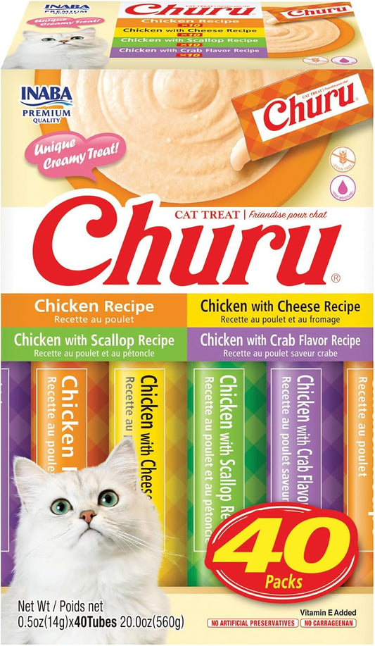 INABA Churu Cat Treats, Lickable, Squeezable Creamy Purée Cat Treat with Vitamin E, 0.5 Ounces Each Tube, 40 Tubes, Chicken Variety