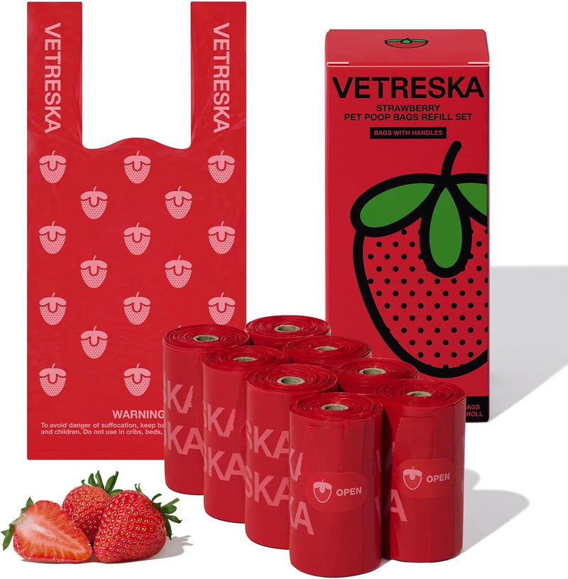 VETRESKA Dog Poop Bags with Handle 120 Count, Strawberry Scented Waste Bag