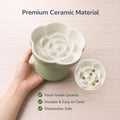 FOCPB Ceramic Elevated Slow Feeder Cat Bowl, Raised and Gently Tilted Feeding Dish with Maze Design, Whisker-Friendly, Easy to Clean, for Indoor Cats and Small Dogs (Green/Ivory)