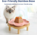 PawsPik Flower Ceramic Cat Feeding Plate with Raised Bamboo Stand, Elevated Whisker-Friendly Pet Bowl, Anti-Slip Stable Design, Dishwasher Safe (Pink)