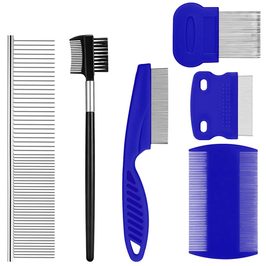6-Pack Flea Comb for Dogs and Cats, Stainless Steel Dog Cat Grooming Combs with Rounded Tooth for Remove Fleas Lice Eggs Double-Sided Tear Stain Remover Pet Dematting Kit for All Types of Pets