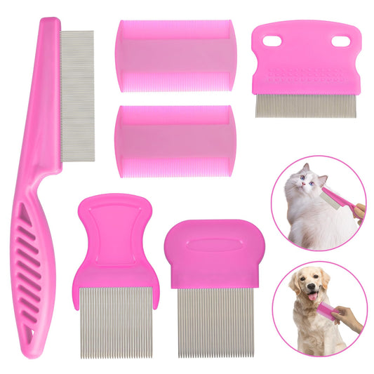 Flea Comb for Cats Dogs, 6 Pack Pet Lice Comb Set Pet Grooming Pets for Small, Medium & Large Pets（Pink）
