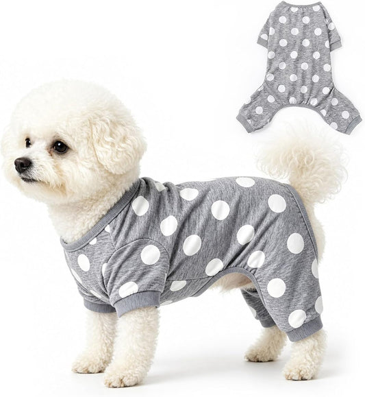 Axxlern Design Dog Recovery Suit for Small Dogs,Soft Stretchy Dog Pajamas Onesie,4-Leg Dog Jumpsuit,Polka Dot Dog PJs,Medium