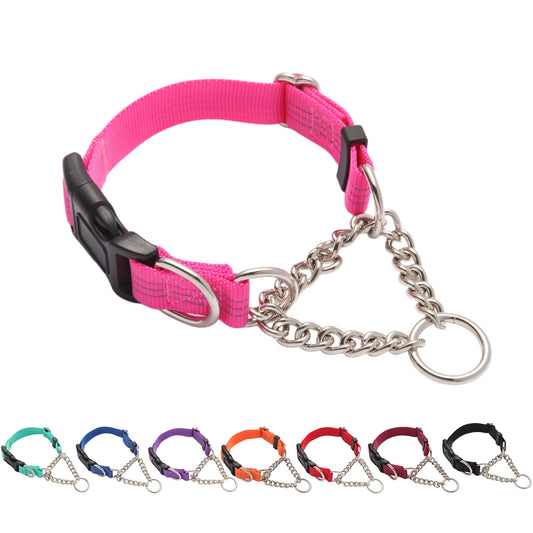 Yunleparks Martingale Dog Collar with Quick Release Buckle Steel Chain No Pull Training Reflective Collar for Medium Large Dogs(Pink, Medium)