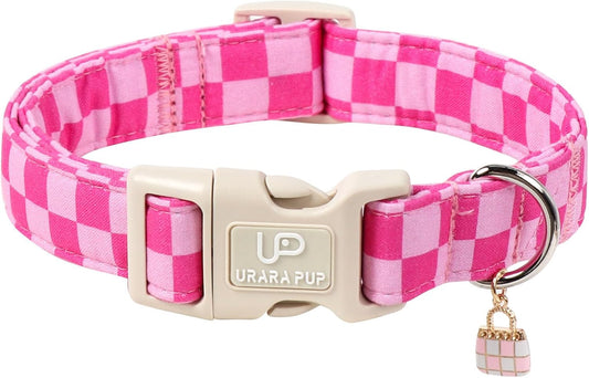 Summer Dog Collar, Pink Checkered Cotton Dog Collar with Quick Release, Gift Pink Collars for Small Medium Large Girls o