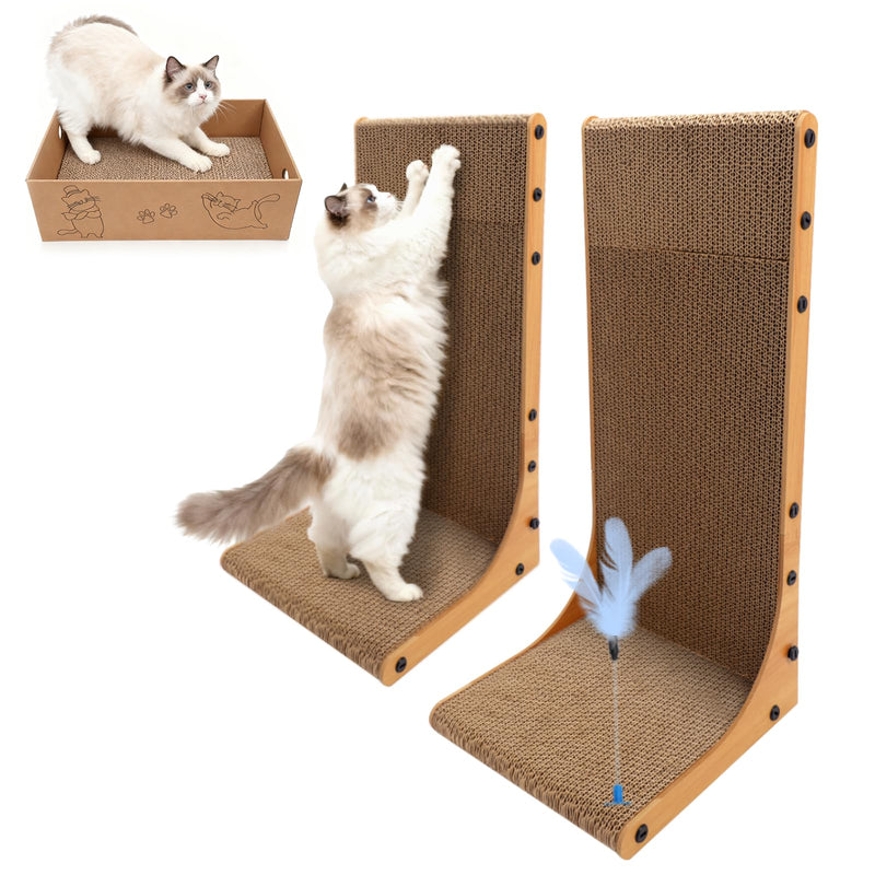 Goosheep Cat Scratching Post, 3-in1 Scratching Board for Indoor Cats, 2PK 22in L-Shaped Cat Scratcher with 1PK Cardboard Box Scratch Pad, Cats Scratch Furniture Protector with Feathered Toy