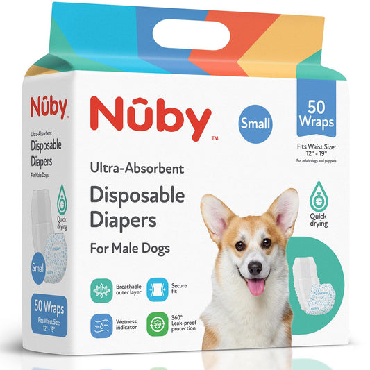 Nuby Pets Disposable Male Dog Wraps with Wetness Indicator, Absorbent & Leak-Resistant Belly Bands for Male Dogs, Small (12–19" Waist), 50 Count