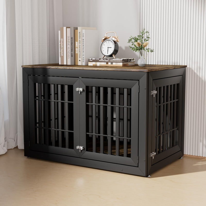 HMHTCT 48 Inch Heavy-Duty Dog Crate Furniture, Decorative Wooden End Table Kennel with Waterproof Top & Wide Metal Tubes, for Large & Extra Large Dogs, Black + Rustic Brown