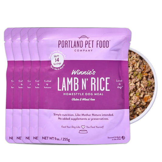 Portland Pet Food Company Fresh Dog Food Pouches - Human-Grade Toppers Wet Pet Meal & Mixers - Gluten-Free Limited Ingredient Winnie's Lamb N' Rice - Large & Small Breed Puppy & Senior Dogs - 5 Pack