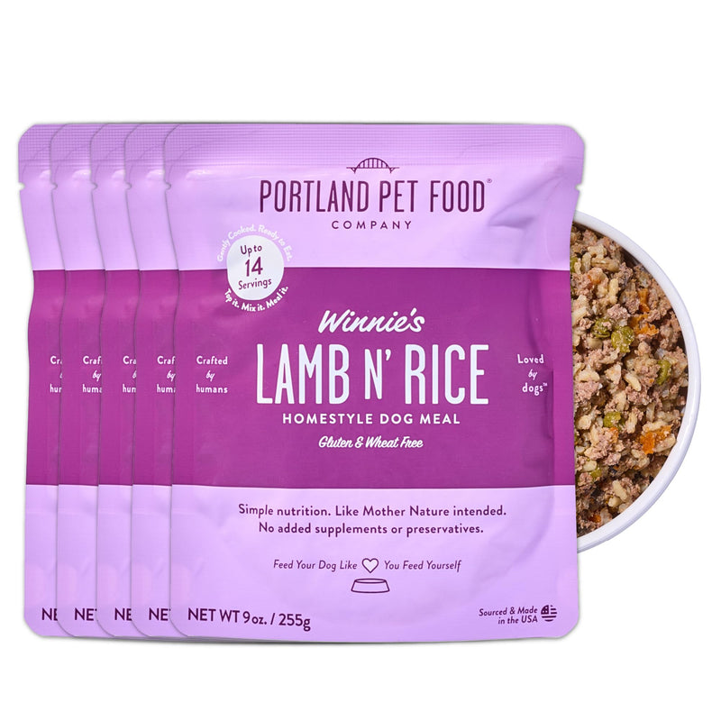 Portland Pet Food Company Fresh Dog Food Pouches - Human-Grade Toppers Wet Pet Meal & Mixers - Gluten-Free Limited Ingredient Winnie's Lamb N' Rice - Large & Small Breed Puppy & Senior Dogs - 5 Pack