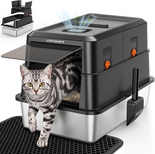 URPOWER Stainless Steel Cat Litter Box with 110° Flip-Top Lid, XL Enclosed Metal Litter Box for Large Cats, Odor Control, Anti-Urine Leakage, Non-Stick Pan, Front Entry Top Exit, Scoop & Mat Included