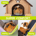 BESNEW 3 in 1 Enlarged Guinea Pig Hammock,Wooden Guinea Pig Hideout with House & Platform & Stairs Small Animal Toys for