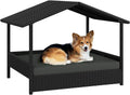 Yaheetech Wicker Dog House Outdoor Indoor with Canopy, Elevated Dog Shelter Dog Bed with Cushion for Small/Medium Dogs, Shade for Deck, Patio, Yard, Pool, Black House, Gray Cushion