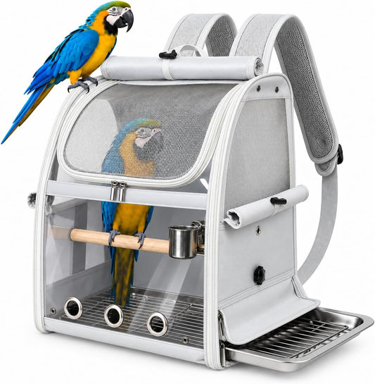 GREGCE Bird Carrier Bag, Bird Travel Cage with Standing Perch and Indestructible Stainless Steel Mesh, Protable Transparent Breathable Carrier with Feeder Cups for Small Birds Parrot Parakeet, Grey