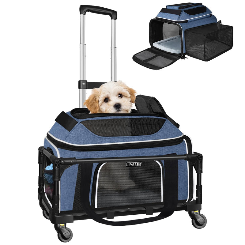 Petskd Top and Side Expandable Pet Carrier with Wheels 18x11x11 Inches Delta United Airline Approved, Soft-Sided Carrier for Small Cats and Dogs with Locking Safety Zippers and Anti-Scratch Mesh(Blue)