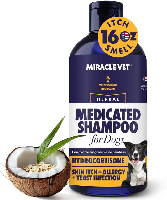 Miracle Vet Medicated Dog Shampoo for Itchy Skin Relief - Antifungal for Dog Allergy Relief, Yeast Infection, Hot Spot & Dry Skin Anti-Itch Treatment Wash - Hydrocortisone (16 oz)