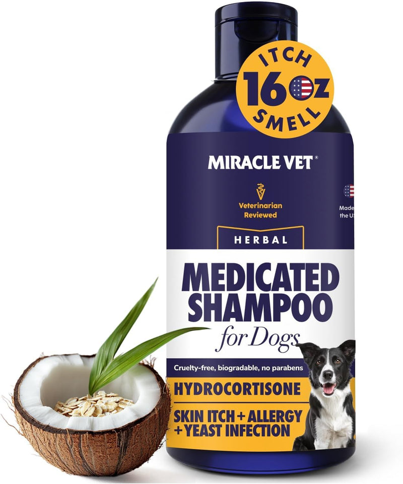 Miracle Vet Medicated Dog Shampoo for Itchy Skin Relief - Antifungal for Dog Allergy Relief, Yeast Infection, Hot Spot & Dry Skin Anti-Itch Treatment Wash - Hydrocortisone (16 oz)