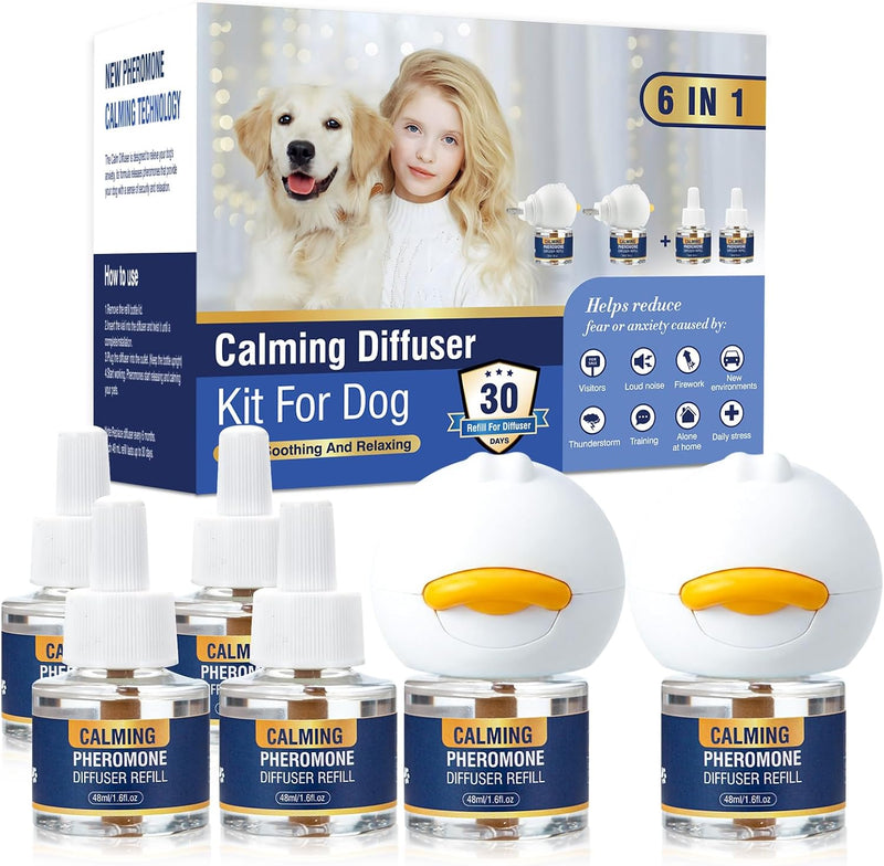 Dog Calming Pheromones Diffuser 6 in 1 Kit Appeasing Pheromone Diffuser to Calm (2 Plug in+4 x48ml Refill) for Anxiety R