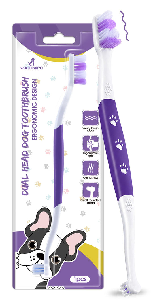 Dog Toothbrush – Newly Upgraded Dual-Head Design with 60° Wavy Bristles–Gently Surrounds Teeth for Deep Cleaning and Plaque Removal – Non-Slip Handle, Ideal for Daily Pet Dental Care (Purple, 1-Pack)