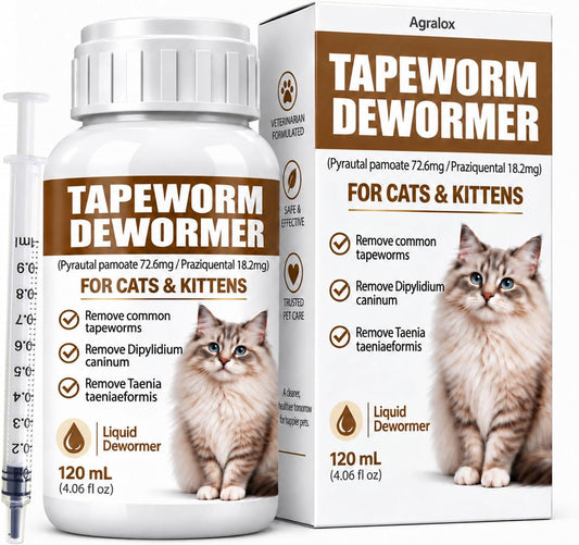 Cat Dewormer Liquid Broad Spectrum Treatment for Tapeworms, Roundworms & Hookworms with Praziquantel & Pyrantel Pamoate, 120ml